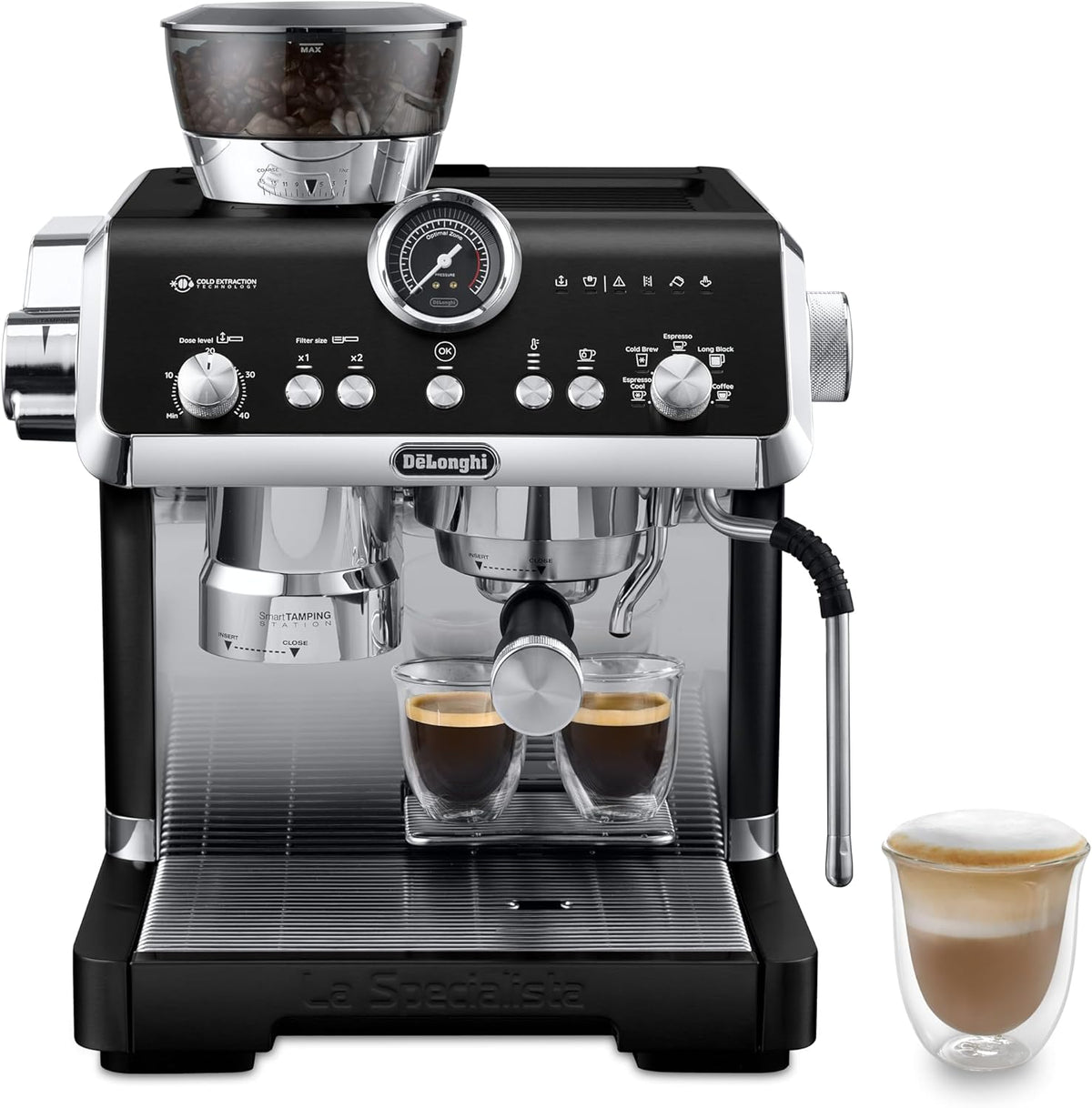 De'Longhi La Specialista Opera EC9555.BK, Machine à café Espresso avec Moulin à Café Intégré, Fonction d'infusion froide, Comprend un bâton de vapeur pour mousser le lait, Comprend des accessoires(Noir/Argent)