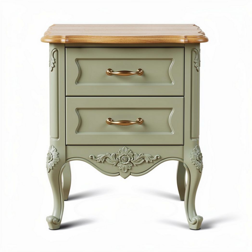 Table de chevet en bois avec deux tiroirs couleur vert et dessus en bois naturel 50 x 40 x 65cm