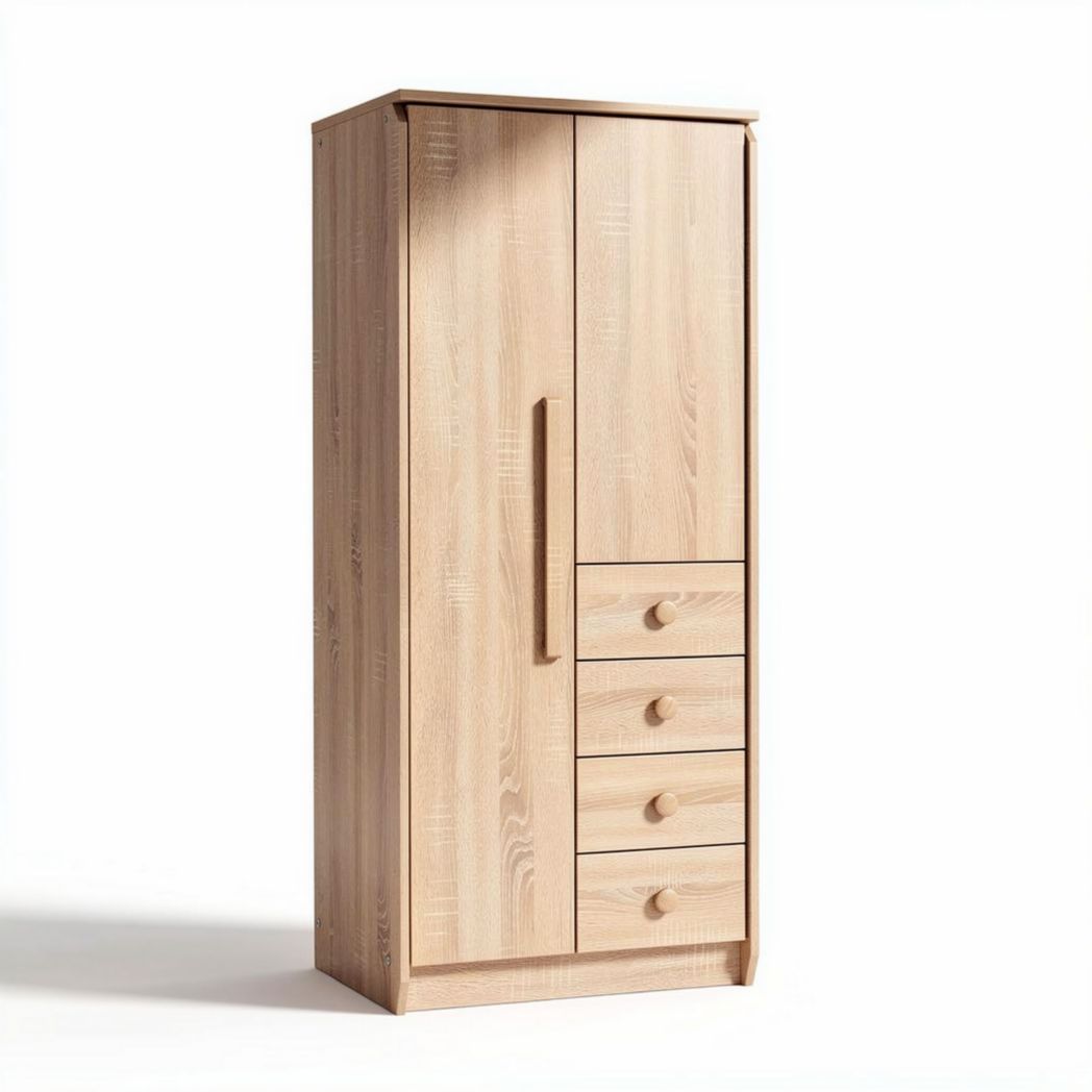 Armoire en bois clair avec deux portes et quatre tiroirs 180 x 80 x 40cm