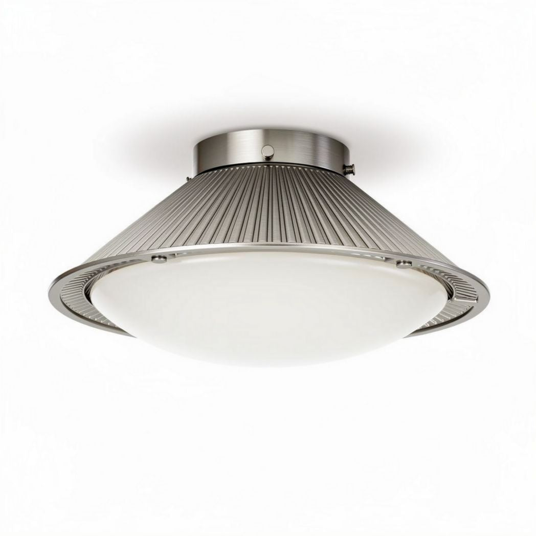 Plafonnier en métal argenté avec diffuseur en verre opale diamètre 30 cm hauteur 10 cm