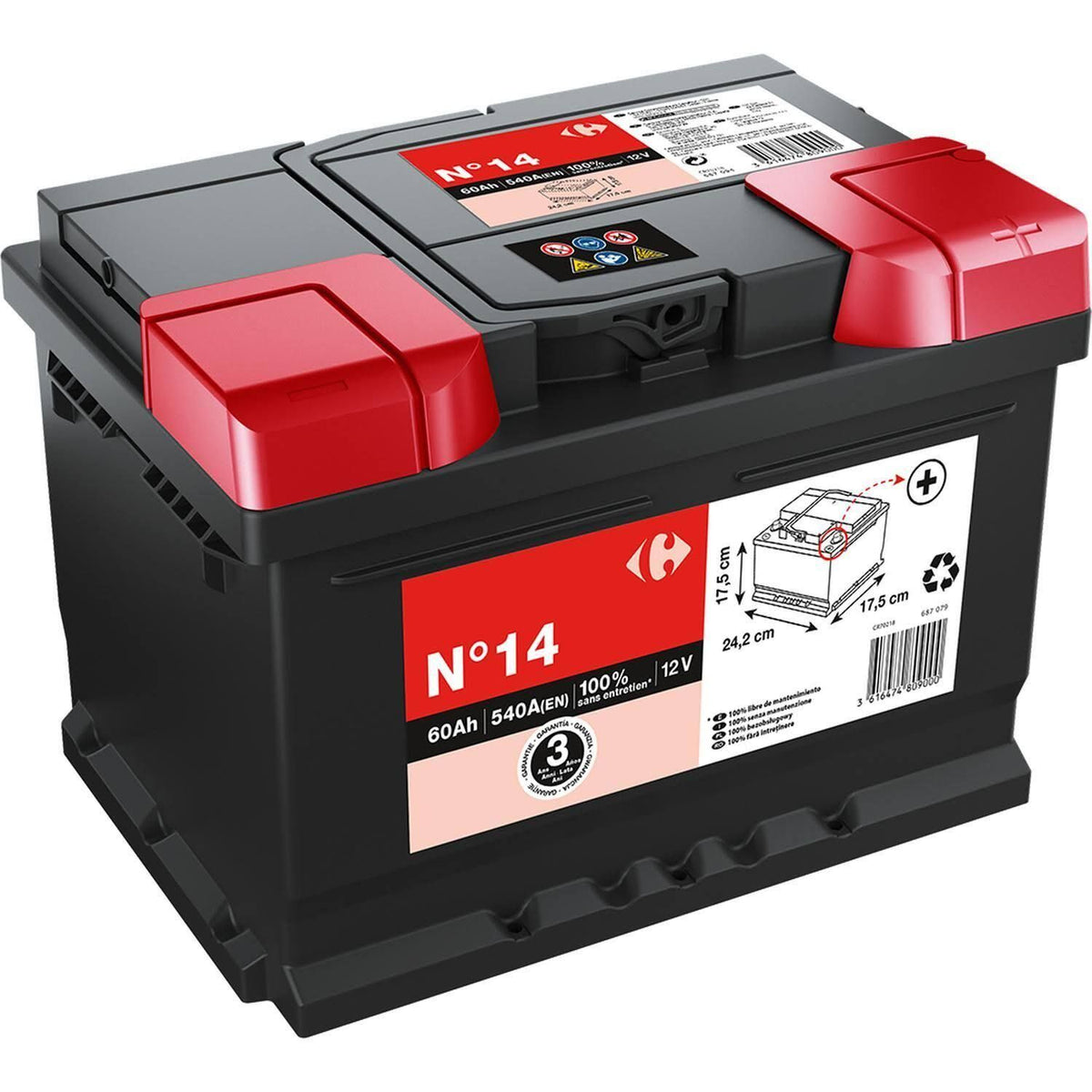 Batería de coche Carrefour N14 60AH 540A T5(Noir/Rouge)