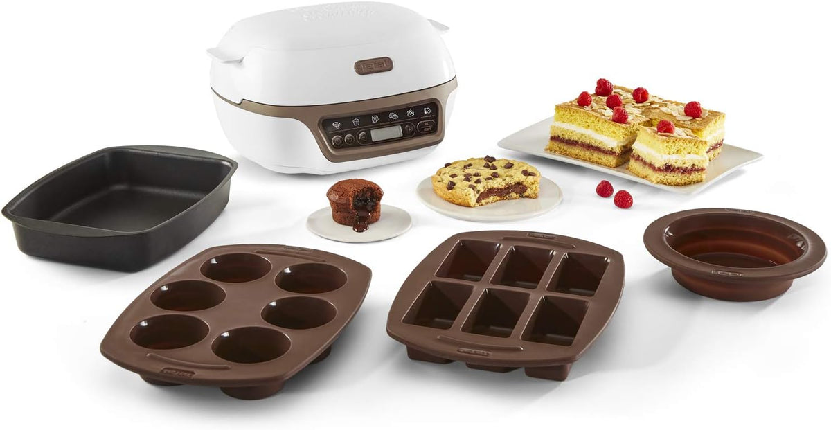 Tefal Machine à gâteaux, 5 programmes automatiques pour réglage, 1 mode manuel, 3 moules flexibles, 1 grand moule en acier revêtu, Compatible avec moules Crispybake, Cake Factory+ KD802112(4 moules silicone Proflex/Marron)