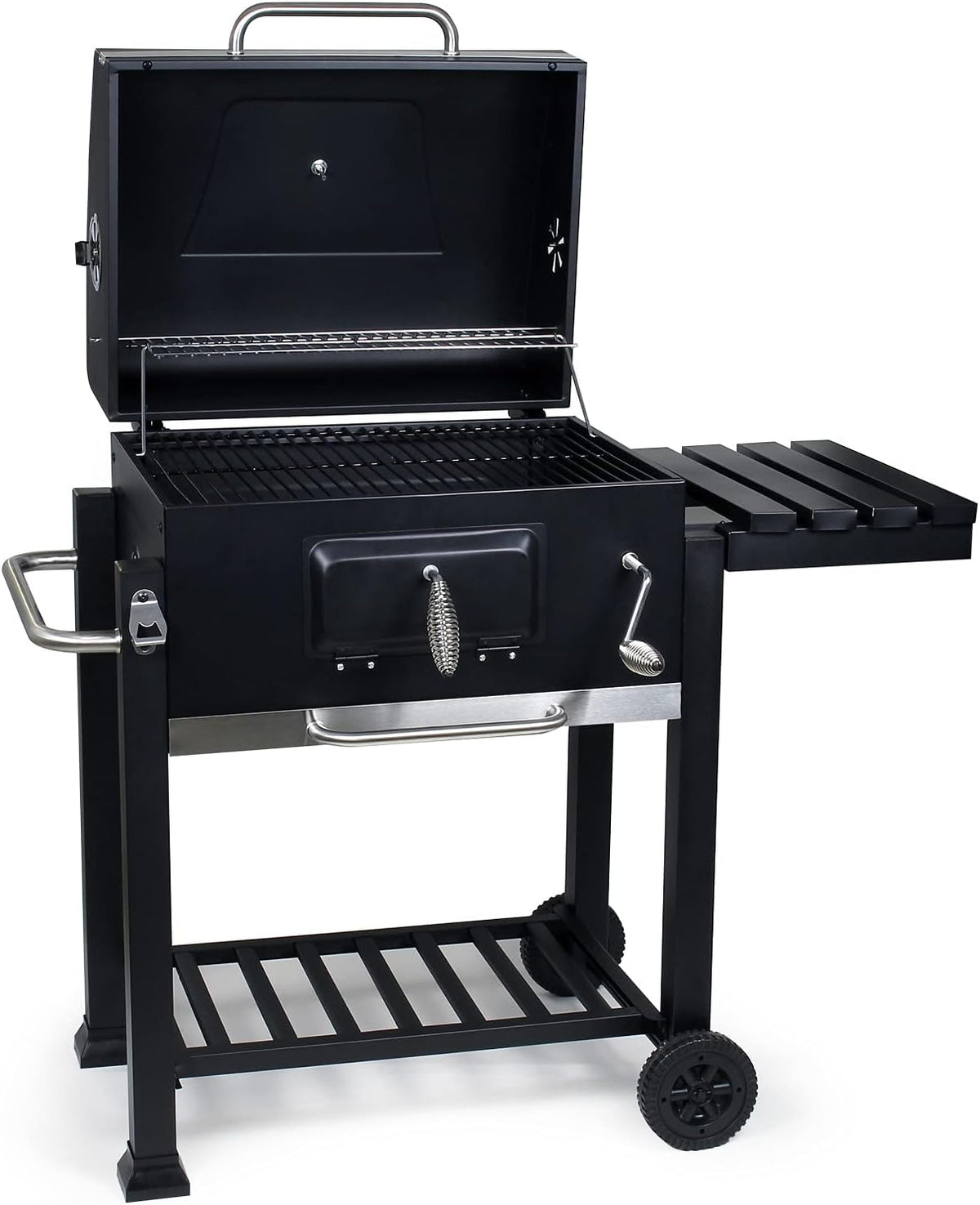 Wiltec Chariot Barbecue à Charbon 1130x475x 1000mm Clapet anti-feu Hauteur réglable Thermomètre Espaces rangement Ouvre-bouteille Grillade Jardin BBQ(Noir)