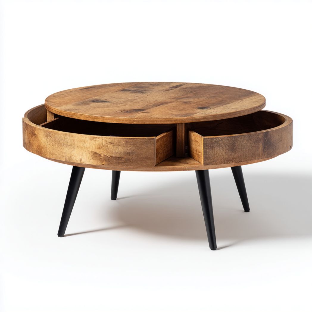 Table basse ronde en chêne avec tiroirs intégrés
