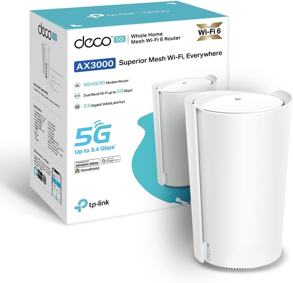 TP-Link Routeur 5G Deco X3000-5G Mesh Routeur WiFi 6 Bi-Bande AX3000Mbps, Port 2.5G, 2 Ports Gigabit, WiFi Mesh Box 5G SIM, Configuration Facile, Modem 5G, Déverrouillé Compatible Toute SIM(Blanc)