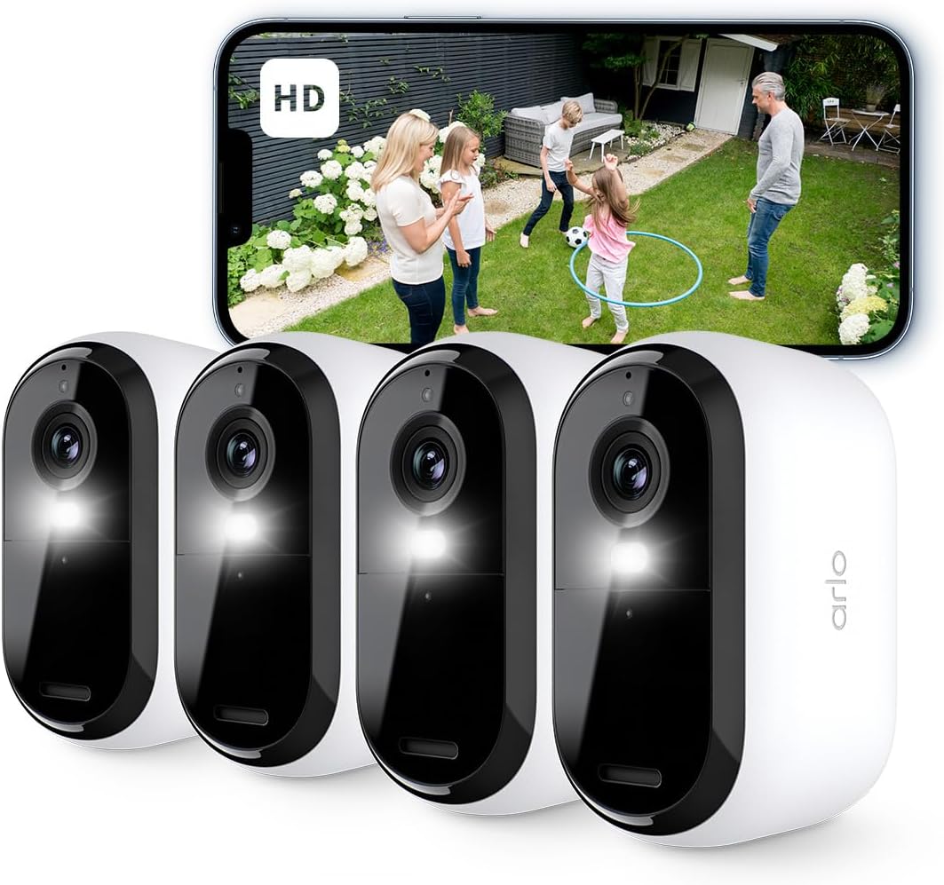 Arlo Essential 2 HD, Caméra de Surveillance WiFi Extérieure Sans Fil, Autonomie de 6 mois, Vision Nocturne Couleur, Éclairage, Sirène et Audio Bidirectionnel, Essai Arlo Secure Inclus, 4 Caméras Blanc(Blanc)