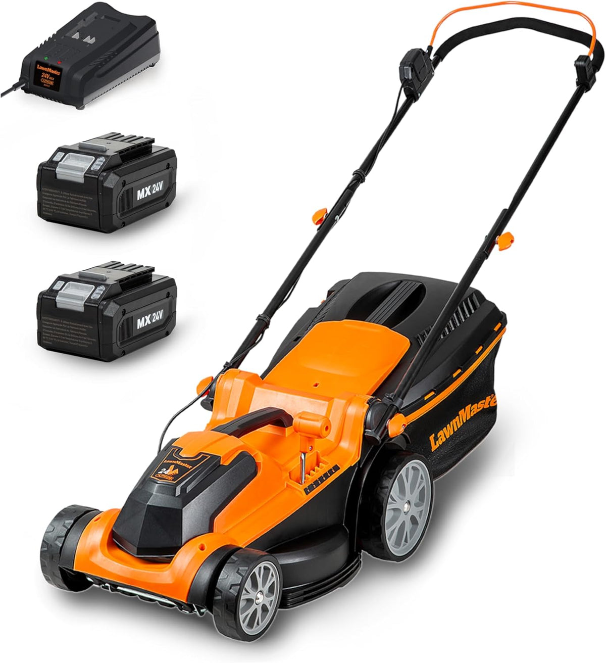 LawnMaster Tondeuse à gazon sans fil CLMF2437G 24 V 37 cm jusqu’à 300 m²(Noir/Orange)